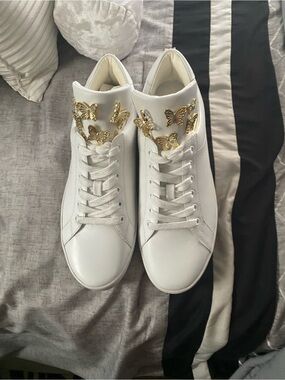 Michael Kors White High-Top Sneakers with Gold Butterfly Accents